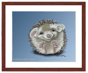Hedgehog character painting with mahogany frame by wildlife artist Kathie Miller. Perfect for any nursery or child's room.