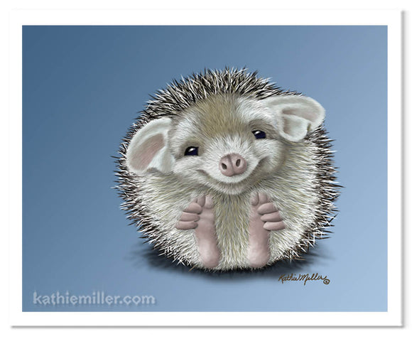 Hedgehog character painting by wildlife artist Kathie Miller. Perfect for any nursery or child's room.