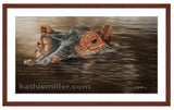 Hippo in the river painting with  mohogany frame by award winning artist Kathie Miller