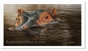 Hippo in the river painting print by award winning artist Kathie Miller