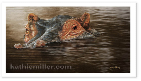 Hippo in the river painting print by award winning artist Kathie Miller