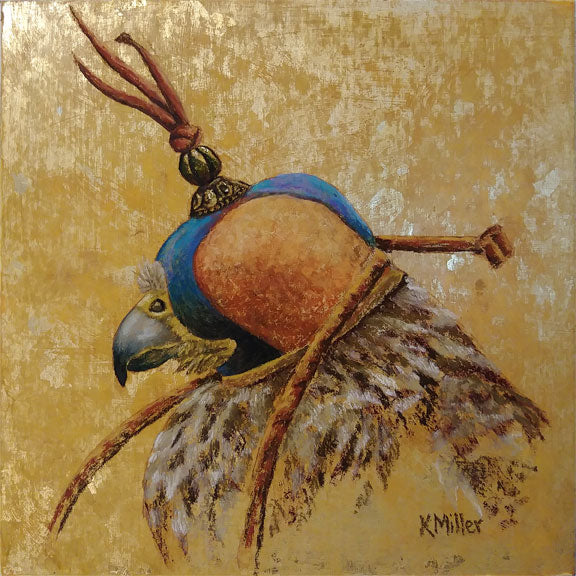 Original 8”x 8” pastel portrait of a falcon with hood with gold leaf background. Rendered in a contemporary style using bold strokes and bright colors by award winning artist Kathie Miller.  Prints available.