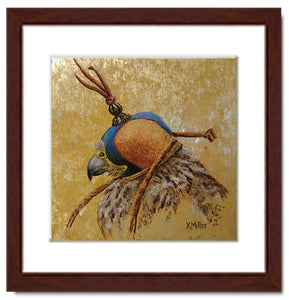 Pastel portrait print of a hooded falcon with mahogany frame and 2” white mat. Rendered in a contemporary style using bold strokes and bright colors by award winning artist Kathie Miller. 