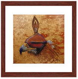 Pastel portrait print of a hooded golden eagle with mahogany frame and 2” white mat. Rendered in a contemporary style using bold strokes and bright colors by award winning artist Kathie Miller. 