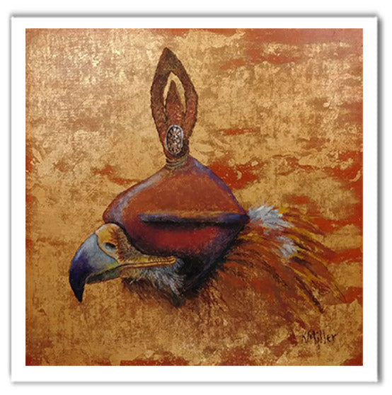 Pastel portrait print of a hooded golden eagle. Rendered in a contemporary style using bold strokes and bright colors by award winning artist Kathie Miller.