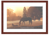 Horses in the Morning Fog Painting with mahogany frame by wildlife artist Kathie Miller. Prints available.