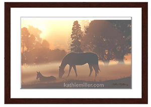 Horses in the Morning Fog Painting with walnut frame by wildlife artist Kathie Miller. Prints available.