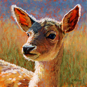 "Jade-Deer Fawn" 8” x 8”. Original pastel portrait of a young deer fawn in the bright sun by award winning artist Kathie Miller. Using bold strokes and bright colors. The background is bright blue at the top fading down to soft grass greens. Prints available.