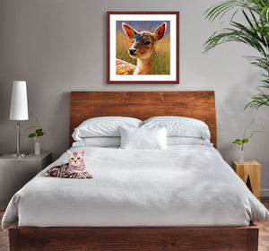 A mock up photo of a elegant bedroom. Hung on the wall is a print of my painting “Jade-Deer Fawn” by award winning artist Kathie Miller. The print has a mahogany frame and white mat. This is a contemporary pastel portrait of a sea gull rendered in bold expressive strokes and bright colors. 
