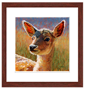 "Jade-Deer Fawn”. Pastel portrait of a young deer fawn with a mahogany frame and white mat. Rendered in a contemporary style using bold strokes and bright colors by award winning artist Kathie Miller. 