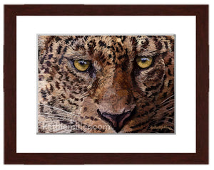 Jaguar Portrait painting with walnut frame by award winning artist Kathie Miller. Prints available.