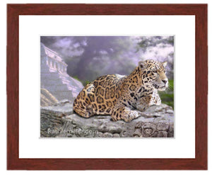 Jaguar and Mayan Temple painting with mohogany frame by award winning artist Kathie Miller. Prints available.