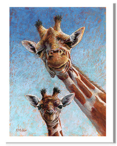 Pastel portrait print of a young giraffe and his mother. Rendered in a contemporary style using bold strokes and bright colors by award winning artist Kathie Miller.