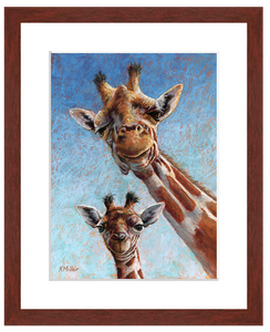 Pastel portrait of a a young giraffe and his mother. Print with a mahogany frame and 2” white mat. Rendered in a contemporary style using bold strokes and bright colors by award winning artist Kathie Miller. 