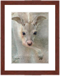 Kangaroo Joey painting with mahogany frame by wildlife artist Kathie Miller.  Prints available.