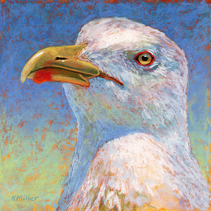 "Johnny". Original pastel portrait of a sea gull in the bright sun by award winning artist Kathie Miller. Rendered in bright blues and yellows. The background is bright blue fading down to a soft green. Prints available
