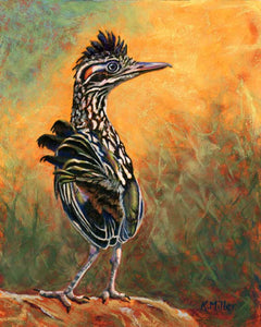 Original 14” x 8” pastel painting of a greater roadrunner by award winning artist Kathie Miller. Contemporary style using bold strokes and bright colors. Prints available.