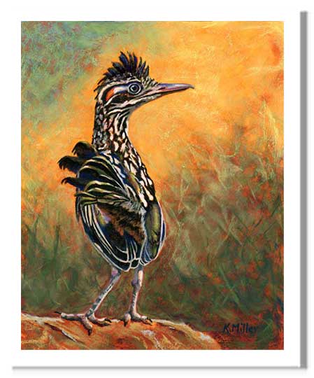 Pastel painting print of a greater roadrunner. Rendered in a contemporary style using bold strokes and bright colors by award winning artist Kathie Miller.