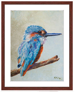 Kingfisher painting with mahogany frame by wildlife artist Kathie Miller.  