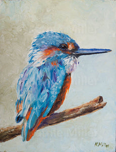 Kingfisher original oil by award winning artist Kathie Miller. Prints available.