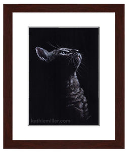 Kitten on Black painting with walnut frame by award winning artist Katie Miller. Prints available.