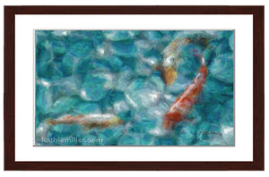Koi Pond painting with walnut frame by wildlife and landscape artist Kathie Miller. Prints available.