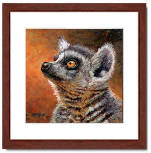 Pastel portrait print of a ring-tail lemur with a mahogany frame and white mat. Rendered in a contemporary style using bold strokes and bright colors by award winning artist Kathie Miller. 