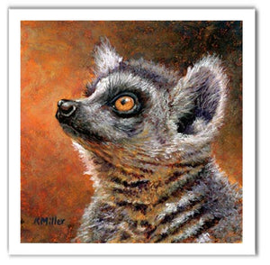 Pastel portrait print of a ring-tail lemur. Rendered in a contemporary style using bold strokes and bright colors by award winning artist Kathie Miller.