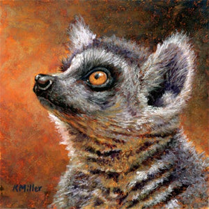Original 6” x 6” pastel portrait of a ring-tail lemur by award winning artist Kathie Miller. Contemporary style using bold strokes and bright colors. Prints available.