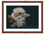 Kookaburra painting with mahogany frame by wildlife artist Kathie Miller. Prints available.