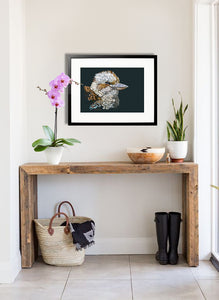 Kookaburra painting by wildlife artist Kathie Miller. Prints available.