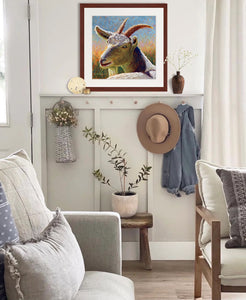 Pastel portrait print of a white goat laying in the sun framed in mahogany and a white mat  in a country style living room.  Rendered in a contemporary style using bold strokes and bright colors by award winning artist Kathie Miller.