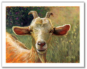 Pastel portrait print of a goat among the flowers. Rendered in a contemporary style using bold strokes and bright colors by award winning artist Kathie Miller.