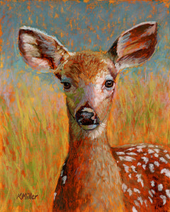"Lilly – Deer Fawn " 8” x 10”. Original pastel portrait of a deer fawn in the bright sunshine by award winning artist Kathie Miller. Contemporary style using bold strokes and bright colors. Prints available.