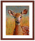 " Lilly – Deer Fawn”. Pastel portrait of a deer fawn with a mahogany frame and white mat. Rendered in a contemporary style using bold strokes and bright colors by award winning artist Kathie Miller. 