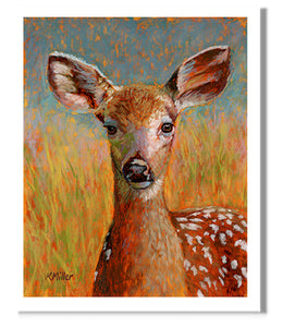 “Lilly – Deer Fawn” Pastel portrait of a deer fawn in the bright sun. Rendered in a  contemporary style using bold strokes and bright colors by award winning artist Kathie Miller.