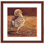 Pastel portrait print of a chick in the sun with a mahogany frame and 2” white mat. Rendered in a contemporary style using bold strokes and bright colors by award winning artist Kathie Miller. 