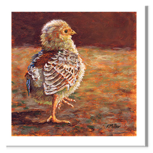 Pastel portrait print of a chick in the sun. Rendered in a contemporary style using bold strokes and bright colors by award winning artist Kathie Miller.