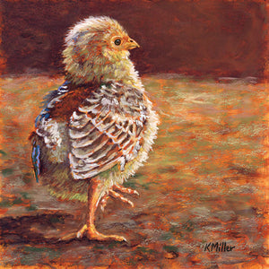 Original 8” x 8” Patel painting of a baby chick in the sun by award winning artist Kathie Miller. Contemporary style using bold strokes and bright colors. Prints available.
