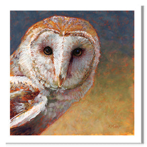 Pastel portrait print of a barn owl. Rendered in a contemporary style using bold strokes and bright colors by award winning artist Kathie Miller.