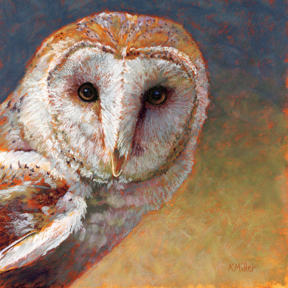 Original 10” x 10” Patel portrait of a barn owl by award winning artist Kathie Miller. Contemporary style using bold strokes and bright colors. Prints available.