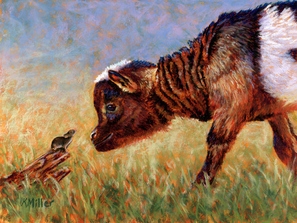 Original 12” x 9” Pastel portrait of a young goat greeting a tiny field mouse by award winning artist Kathie Miller. Contemporary style using bold strokes and bright colors. Prints available.