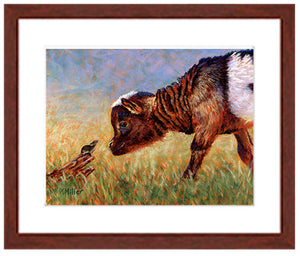 Pastel portrait print of a young goat greeting a tiny field mouse with a mahogany frame and white mat. Rendered in a contemporary style using bold strokes and bright colors by award winning artist Kathie Miller. 