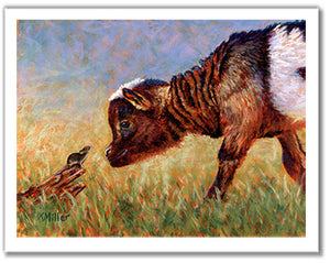 Pastel portrait print of a young goat greeting a tiny field mouse. Rendered in a contemporary style using bold strokes and bright colors by award winning artist Kathie Miller.