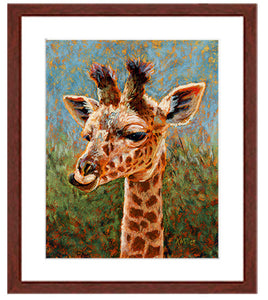 " Mandy-Baby Giraffe”. Pastel portrait of a baby giraffe with a mahogany frame and white mat. Rendered in a contemporary style using bold strokes and bright colors by award winning artist Kathie Miller. 