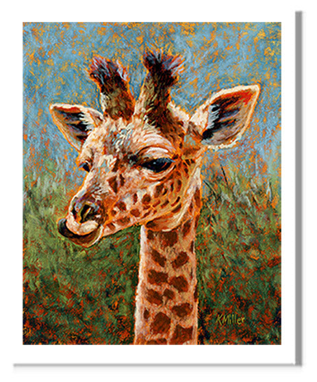 “Mandy-Baby Giraffe” Pastel portrait of a baby giraffe in the bright sun. Rendered in a  contemporary style using bold strokes and bright colors by award winning artist Kathie Miller.