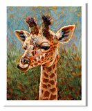 “Mandy-Baby Giraffe” Pastel portrait of a baby giraffe in the bright sun. Rendered in a  contemporary style using bold strokes and bright colors by award winning artist Kathie Miller.