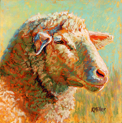 Original 6” x 6” pastel portrait of a sheep by award winning artist Kathie Miller. Contemporary style using bold strokes and bright colors. Prints available.