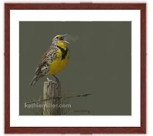 Pastel portrait print of a meadow lark singing in the morning sun with a mahogany frame and 2” white mat. Rendered in a contemporary style using bold strokes and bright colors by award winning artist Kathie Miller. 