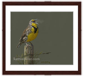 Pastel portrait print of a meadow lark singing in the morning sun with a walnut frame and 2” white mat. Rendered in a contemporary style using bold strokes and bright colors by award winning artist Kathie Miller. 